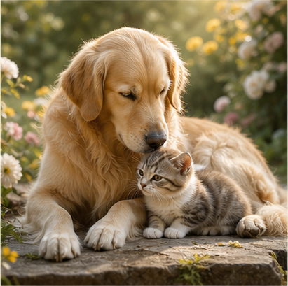 Golden retriever and kitten in a garden