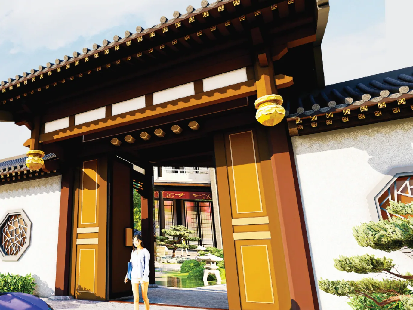 Official reference visual of the floral-pendant gate at Prosperity Villa