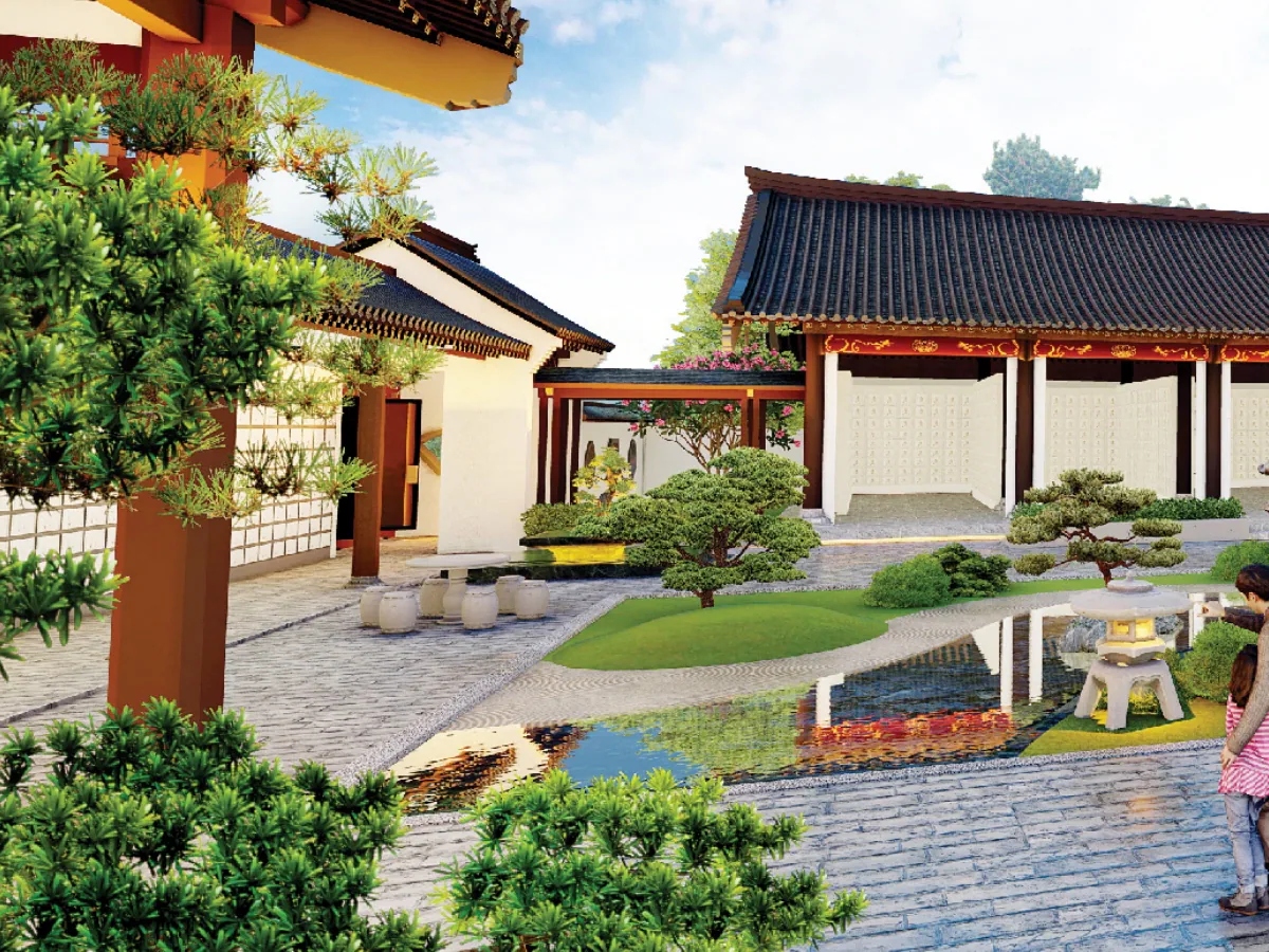 Official reference visual of the Zen-inspired inner courtyard presented for Prosperity Villa at Nirvana Karak