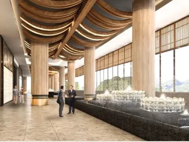 Contemporary columbarium gallery with a linear water feature shown in Nirvana's official Klang e-book