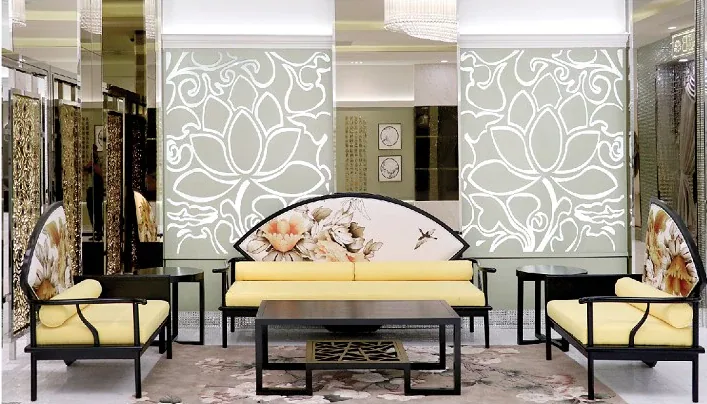 Reception lounge with lotus-inspired panels at Nirvana 2