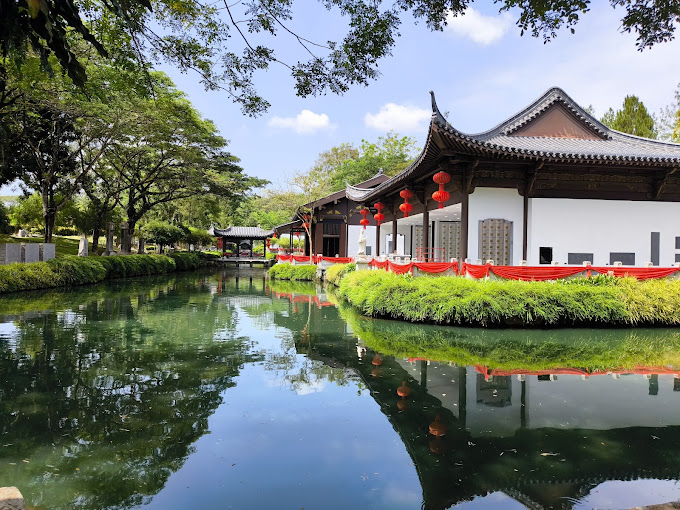 Waterside memorial architecture and landscaped grounds at Nirvana Semenyih