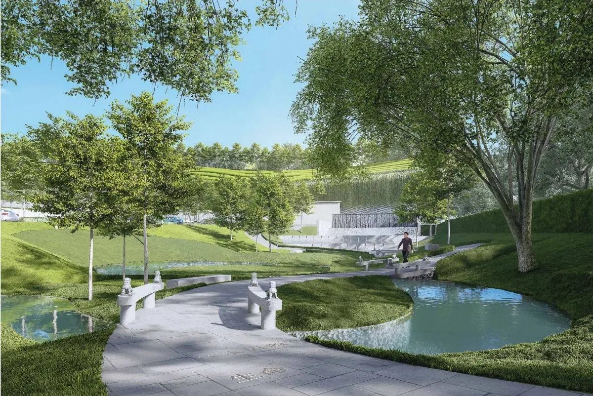 Official visual of curved paths and water channels through The Garden