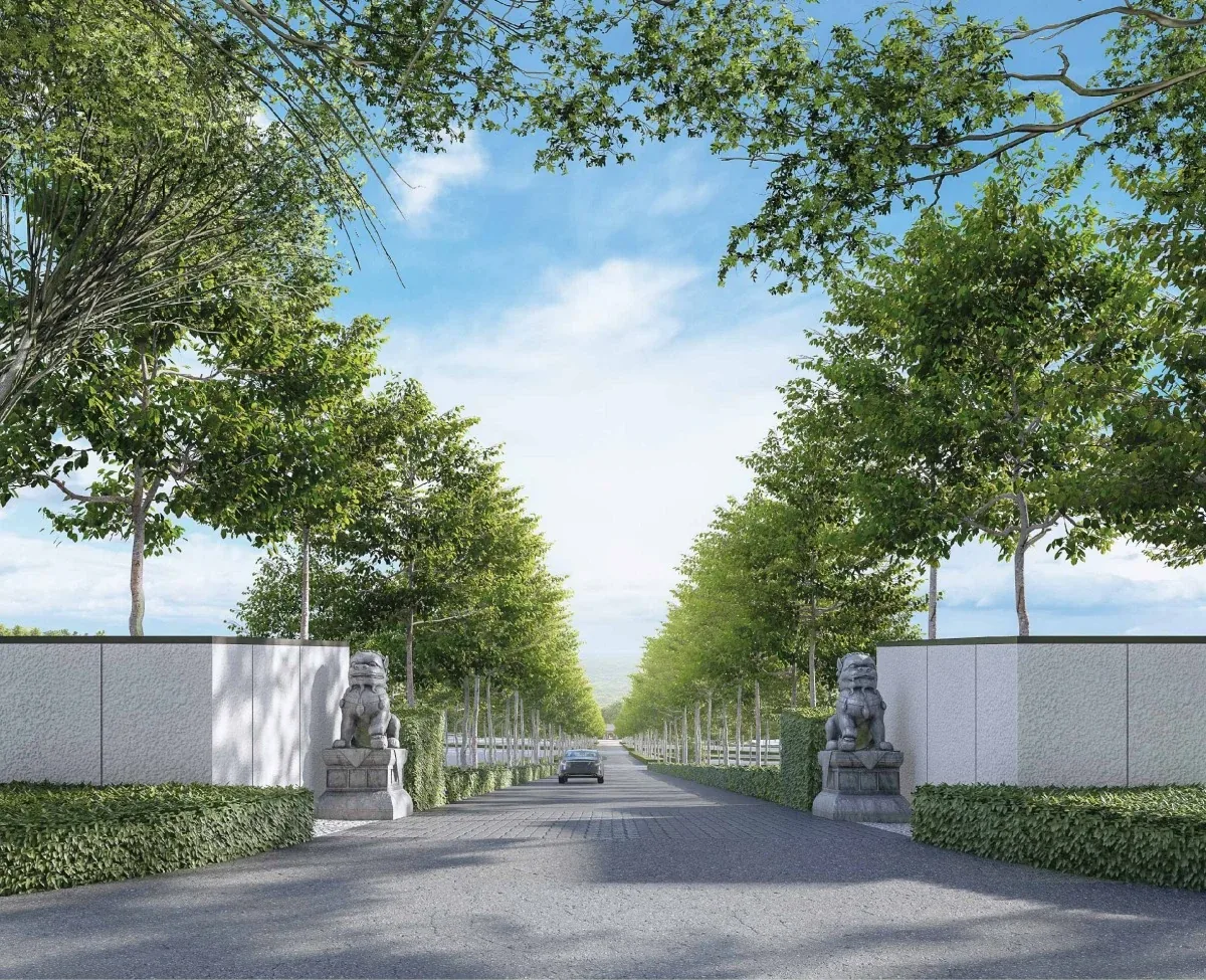 Official design visual of the tree-lined arrival road and stone lions at The Garden